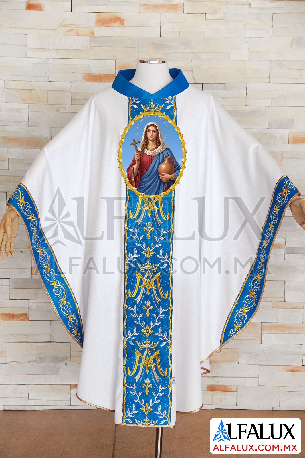28 MARIA REINA  Casulla Alfalux Blanco Laterales Brocado Azul Turqueza 993 MEDALLON Maria Magdalena